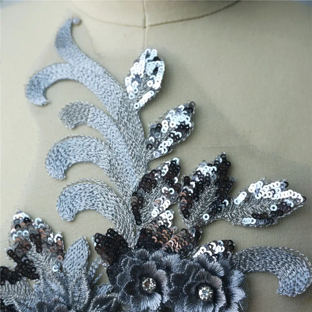 Goud Zilver Blauw Rood Kant Stof Pailletten 3d Bloemen Strass Trouwjurk Appliques Borduurwerk Naai Patch Voor Jurk Diy Decor