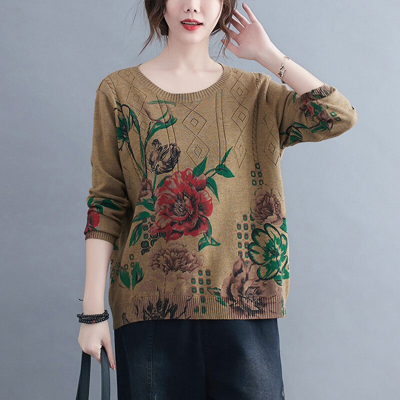 Suéteres de punto para mujer, ropa de manga larga con cuello redondo, estampado de Nuevas flores a la , talla grande, primavera y otoño: L / Khaki