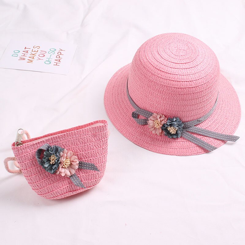 Zomer Baby Bloem Ademend Strohoed Met Handtas Tassen Kids Hoed Jongen Meisjes Zonneklep Uv-bescherming Panama Hoed gorras: 3-dark pink
