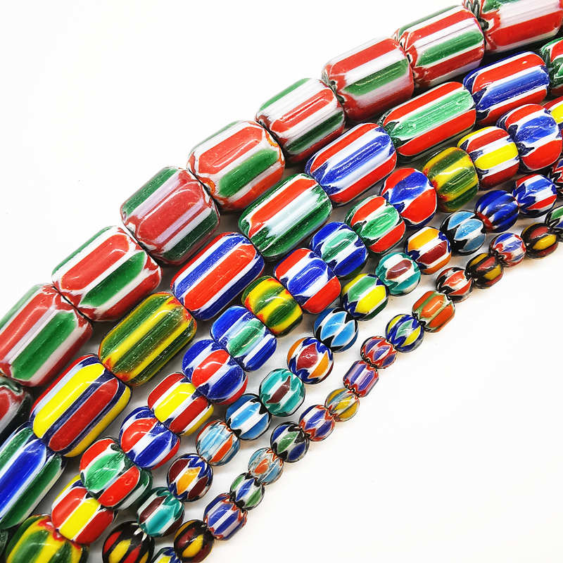 TSB0199 Nepal Hand Colorful Striped Lampwork Beads Strand Antiqued Trade Glass Bead