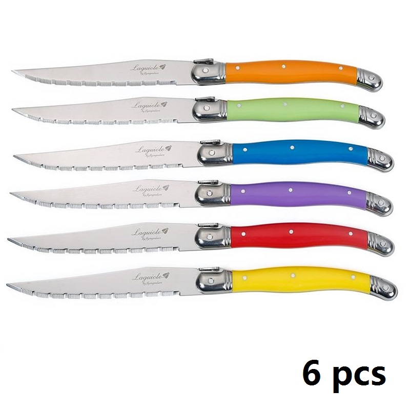 Conjunto de facas de bife de aço inoxidável, 6 peças/7 peças, facas de bife laguiole com suporte de madeira, faca de jantar de aço colorida, conjunto de talheres de natal: Verde
