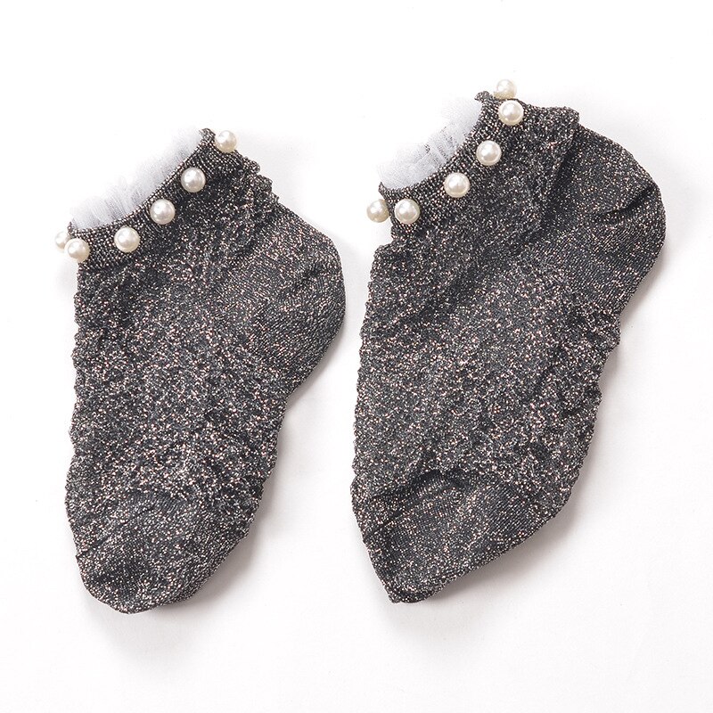 Chaussettes courtes en soie argentée et perles pour femmes, socquettes avec cristaux fins,
