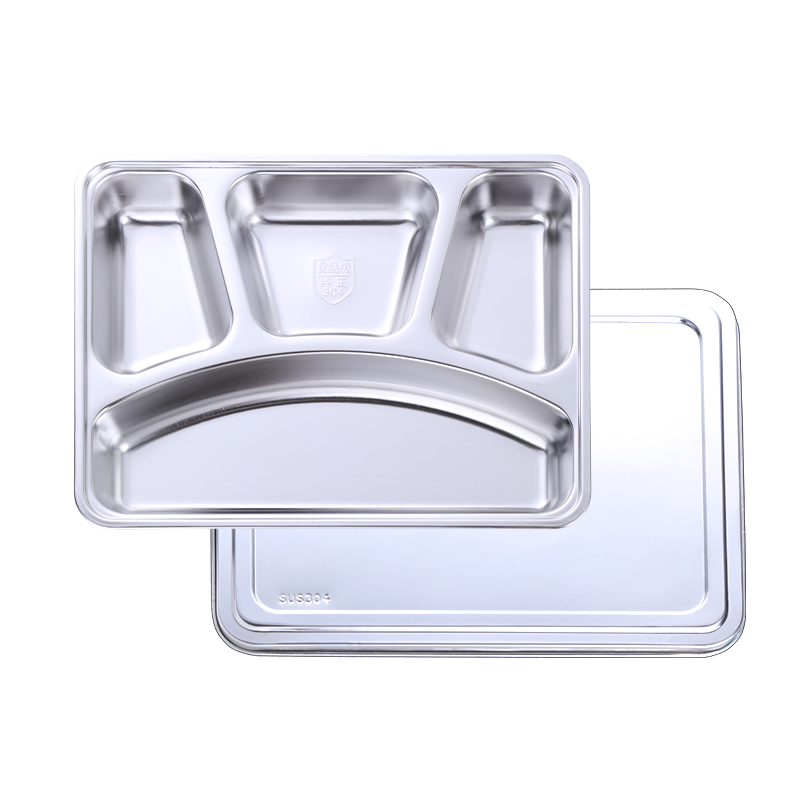 Stainless Steel Divided Dinner Tray With Steel Lid Lunch Container Food Plate for School Canteen Restaurant Buffet Tableware: rectangle silver