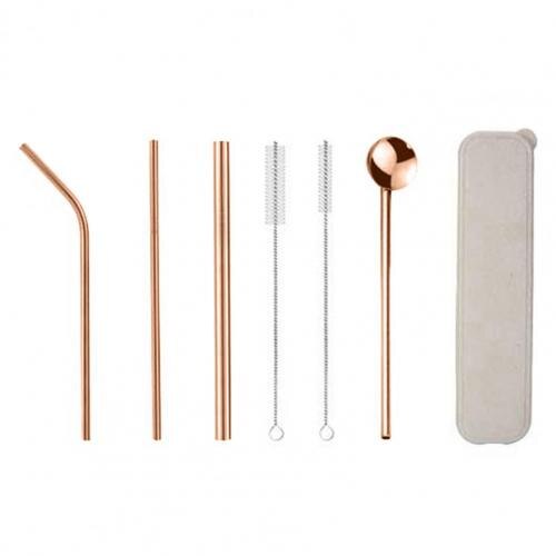7Pcs/Set Dinnerware Set Reusable Stainless Steel Straws Spoon Drinking Flatware with Cleaning Brush Storage Box Cutlery Set: Rose Gold