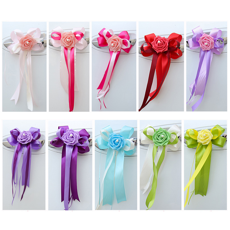 1 Pc Deurgrepen Mooie Party Festival Supplies Achteruitkijkspiegel Trouwauto Bloem Knoop Lint Decoraties 12 Kleuren 17x35cm