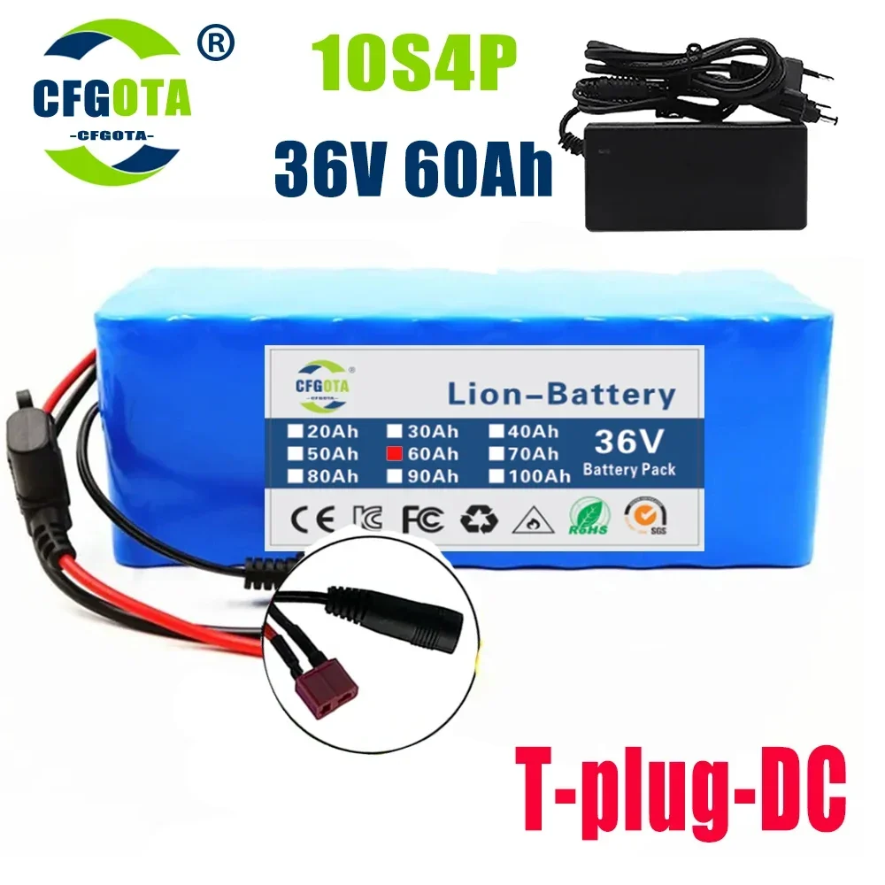10S4P 36V 60Ah Ebike Battery 18650 Lithium Battery Pack 500W High Power Battery 36V 12000mAh Electric Bicycle BMS+Charger: Beige