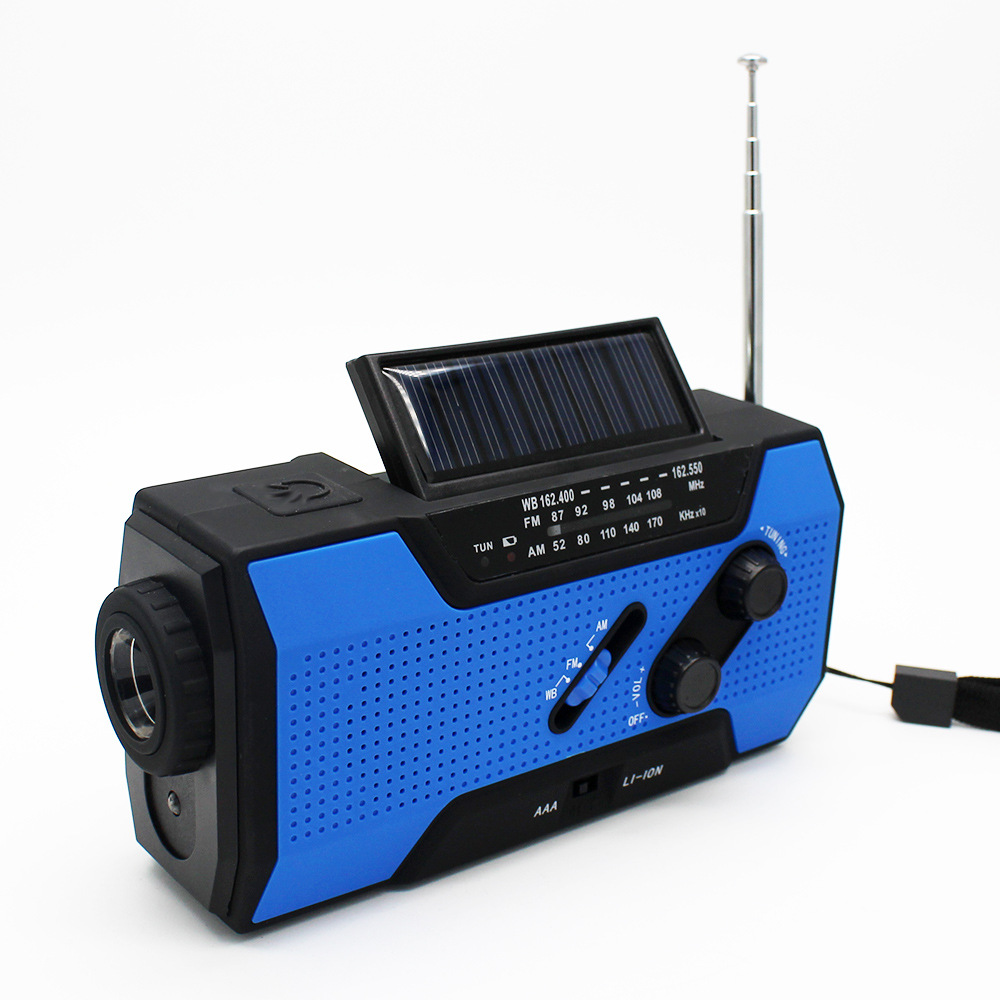 Rádio de emergência portátil multifuncional rádio de prevenção de desastres de rádio 2000mah solar com lanterna led solar powerbank rádio: blue