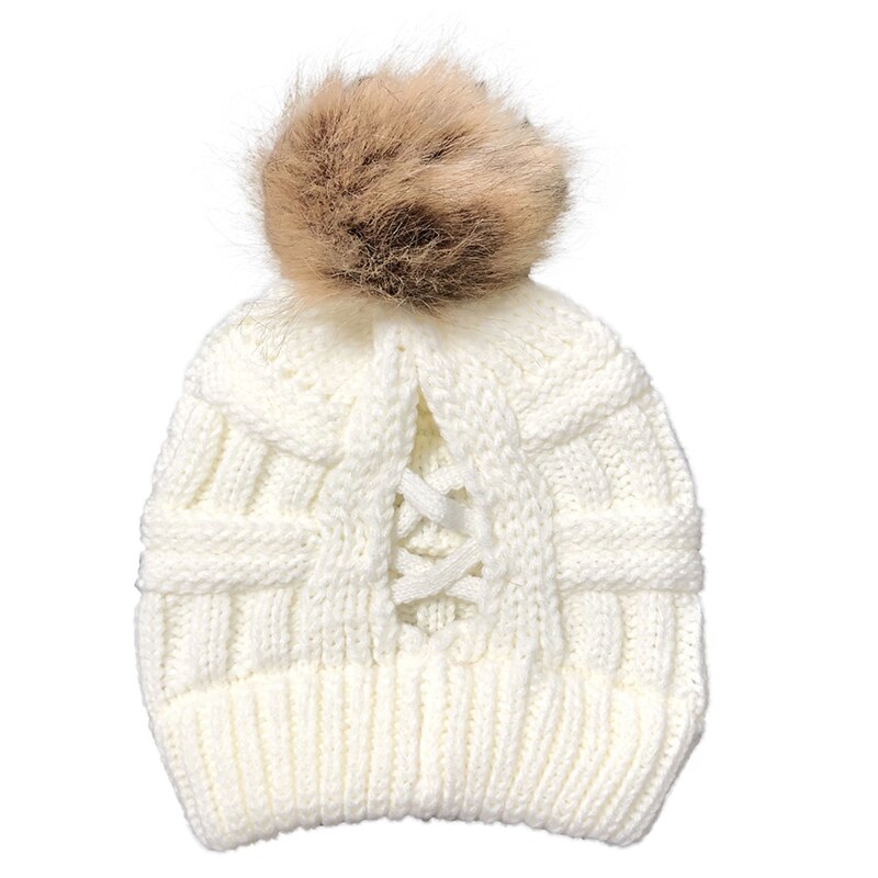 Dames wollen muts, muts met ronde kop, accessoires, gebreide muts, hoofddeksel, kruismuts, hoofddoek, haarbal, elastisch, winterwarm: Wit