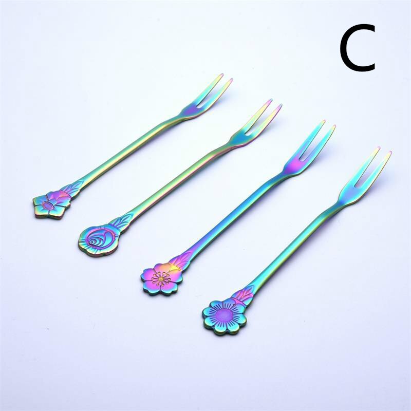 4PCS/Set Flowers Stainless Steel Fruit Fork Flower Handle Fruit Forks: C