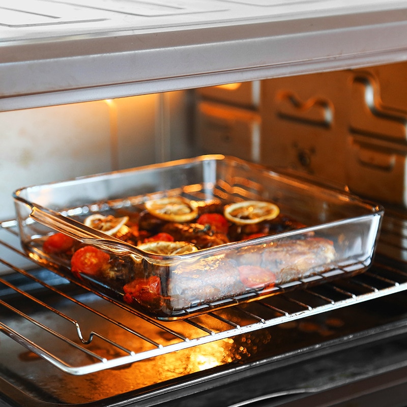 Klart glass ovnsbrett mikrobølgeovn firkantet tallerken ildfast fett med til ører comal kake brød rund ovnsbolle enkel lunsjtallerken