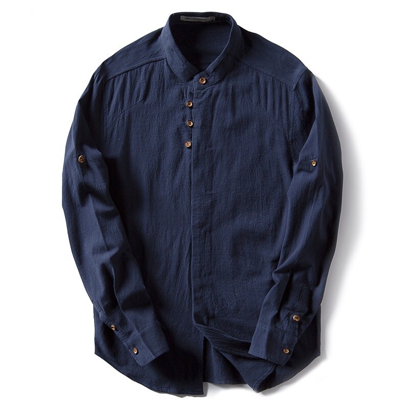 Men's Cotton Linen Shirts Long Sleeve Casual Slim Chinese Mandarin Collar Shirts Men Business Cotton Dress Shirt: Dark Blue / M