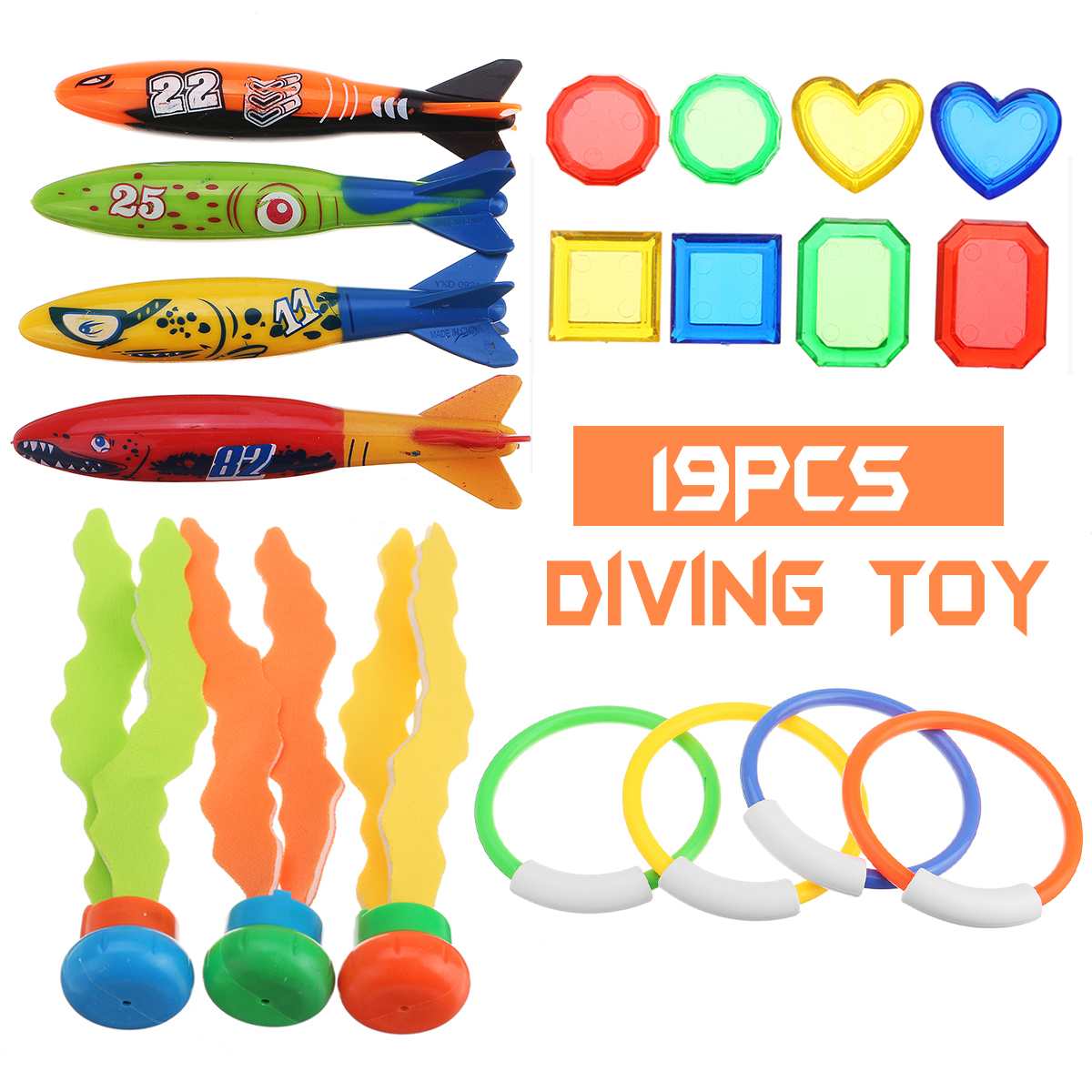 19PCS Kids kinderen Duiken Ring Water Speelgoed Zwembad Zomer Zwemmen Water Fun Geladen Gooien Speelgoed Onderwater Strand Speelgoed