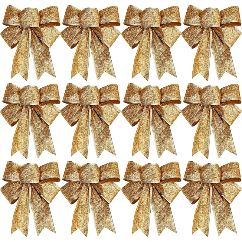 Weihnachten Schleife Ornamente Weihnachtsbaum Glitzer Handwerk Schleife Weihnachtskranz Girlande Dekoratives Band Glänzende Schleifen Weihnachtsdekoration: Fluoreszenz Gelb / 25cm