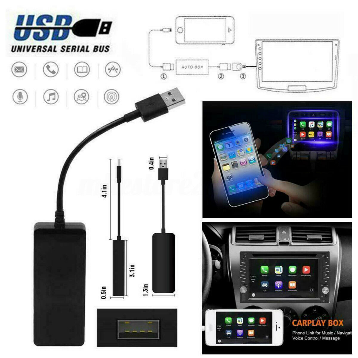 12V Smart Link USB Dongle for Apple iOS CarPlay Android Car Navigation Player Car Screen Touch Screen Head Unit Black
