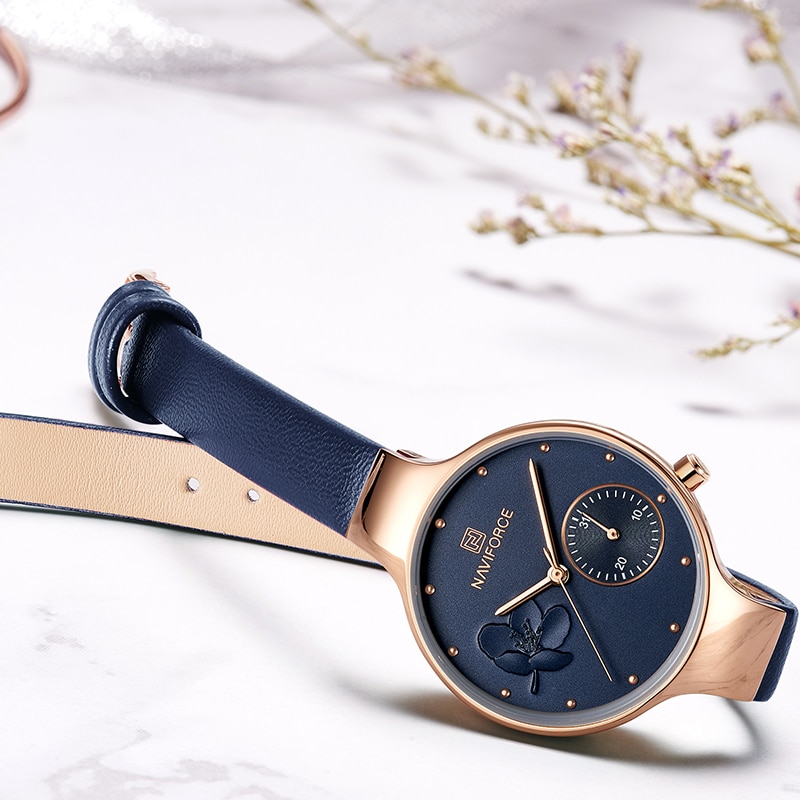 Naviforce Vrouwen Mode Blue Quartz Horloge Lady Lederen Horlogeband Casual Waterdicht Horloge Voor Vrouw