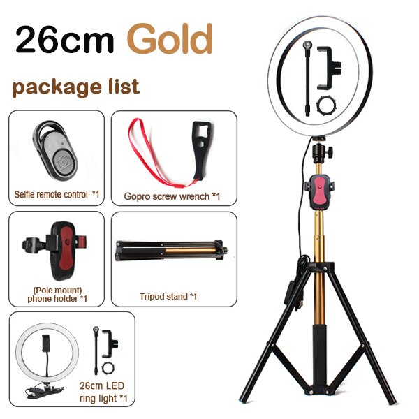 10 zoll 26cm Selfie Porträt LED Ring Licht für Handy, Kamera Video Aufzeichnen, make-up 1,8 m Höhe Stativ Ring Lampe Kit: gold