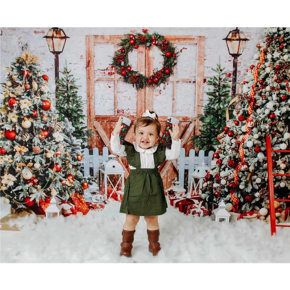 Christmas Background for Photography Snow Toys Rustic Door Winter Family Party Backdrops Decor Portrait Photo Studio Props