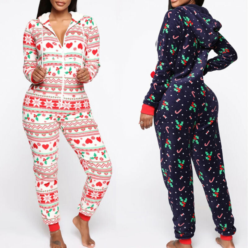 Women Christmas Pajamas Suit Printed Sleepwear Xmas Hooded Nightwear Pyjamas One Piece Female Winter Warm Homewear