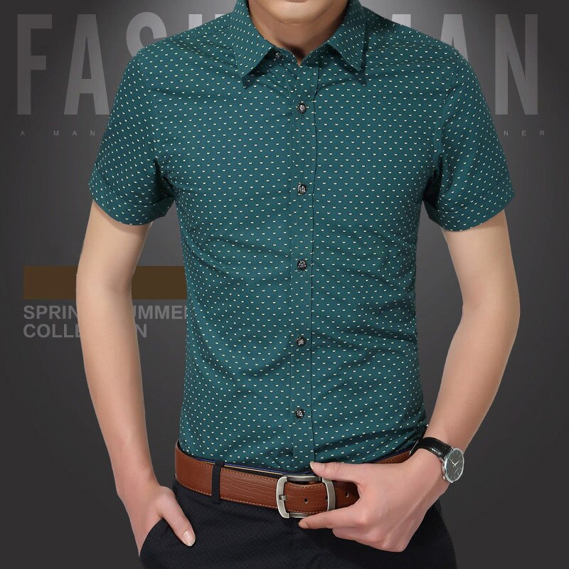 Summer Clothing Men Short Sleeve Shirt Polka Dot Slim Fit Shirt Casual Shirts Men Plus Size: Navy blue / M