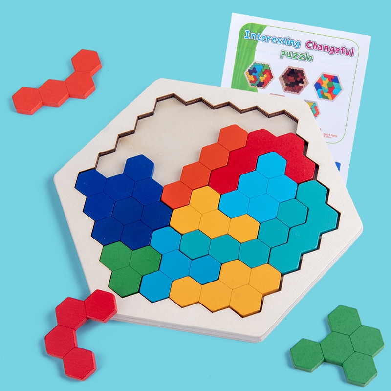 Wood Puzzles IQ Hexagon Puzzle Honeycomb Shape Tangram Board Toy Interesting Changeful Puzzle Toys for Children Adults Education