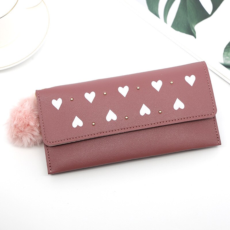 Wallet For Women Retro Rivet Hasp Long Ladies Wallet Card Purse PU Leather Wallet With Fur Ball Ornaments Phone Bag