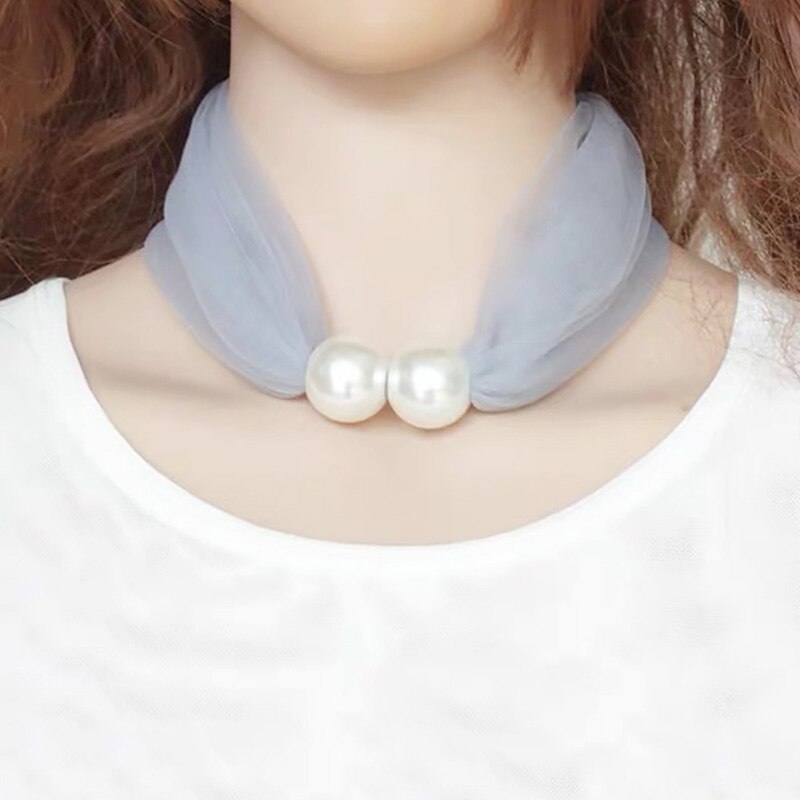 Spring Net Yarn Pearl Scarf Necklace Women Choker Party Jewelry Pure Color Scarf Necklaces: Blue