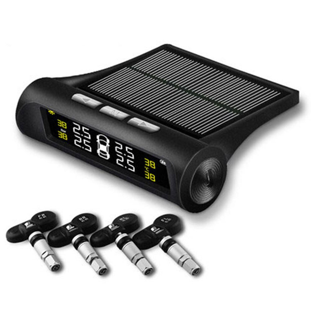Bil tpms dæktryk overvågningssystem solenergi hd digital lcd display auto stemmealarm værktøj trådløs 4 ekstern sensor