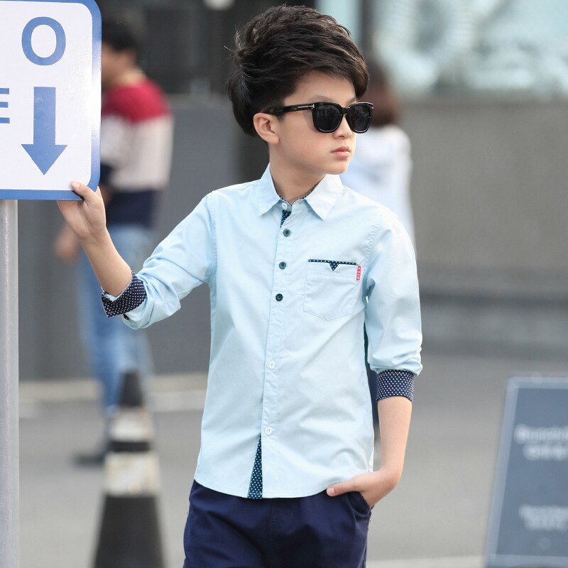 Jxysy Lente Herfst Jongens Katoen Blouses Kids Boys Lange Mouwen Kinderen Mode Shirt 5-15 Jaar Kinderen kleding Tops: Blue / 7T