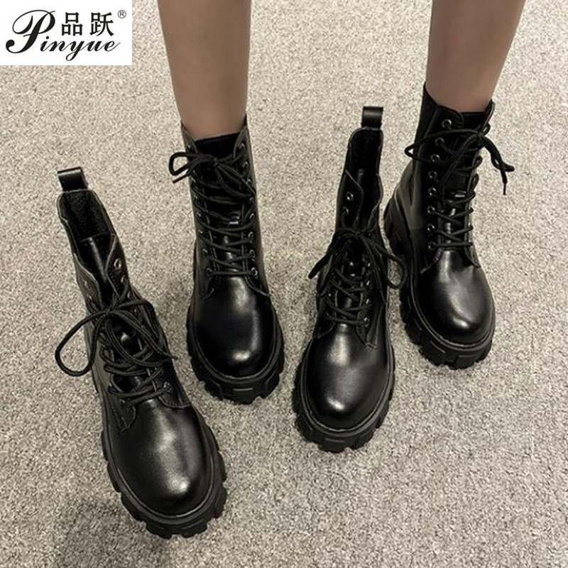 Botas Martin al tobillo de charol negro para mujer, botas con plataforma alta, antideslizantes, suela resistente al desgaste, botines para mujer