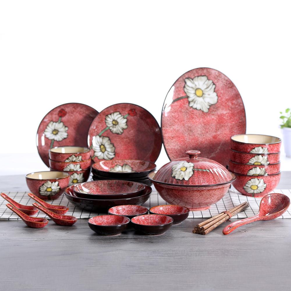 Chinees retro keramisch serviesgoed soeppan lepel borden servies huishoudelijke keukenbenodigdheden handgeschilderd bloemenpatroon