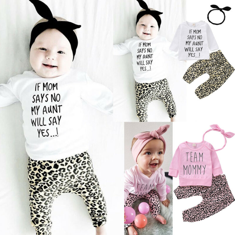 Newborn Baby Girls Set Clothes Print Letter Long Sleeve T Shirt Top+Leopard Pants Leggings Headband Outfit