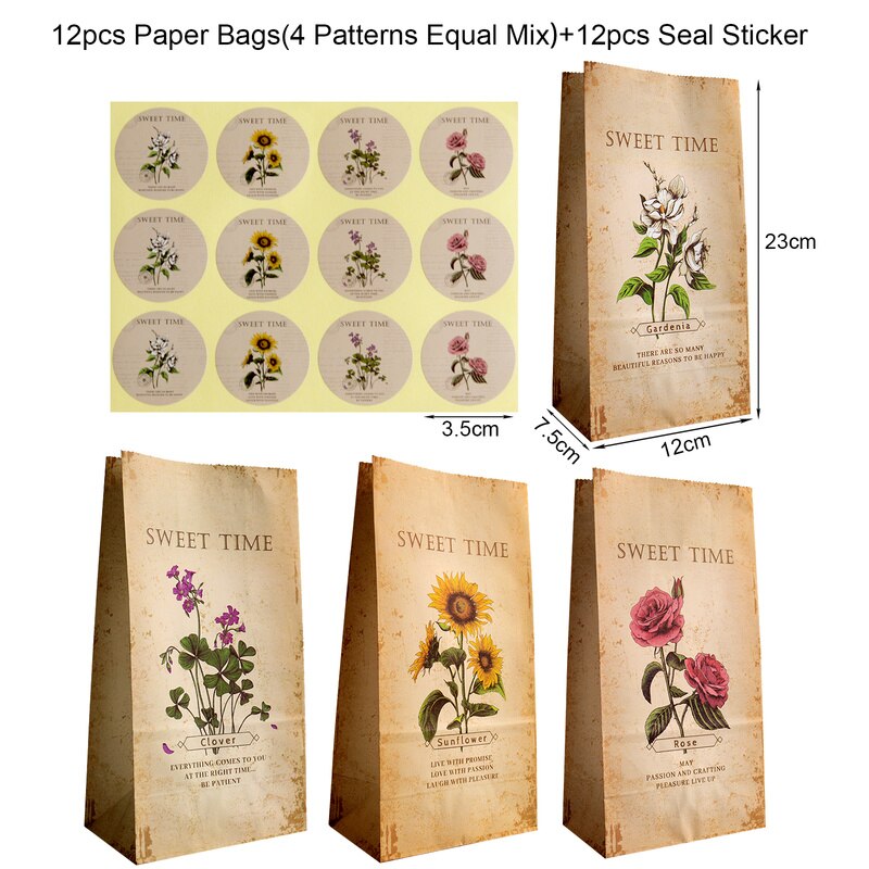 Icraft 12Sets Vintage Handdrawn Papier Bag Rose Zonnebloem Stand Up Party Favor Treat Pack Wrapping Verpakking Supply: Default Title