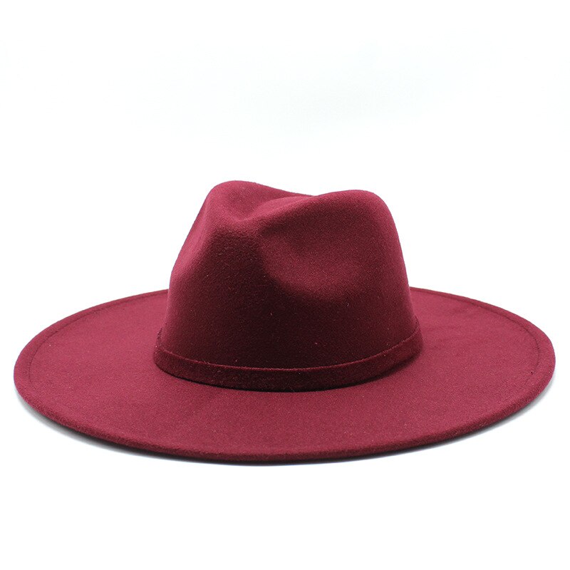 9.5CM Women Men Big Wide Brim Wool Fedora Hat British Style Winter Gentleman Lady Jazz Church Hats: Red wine