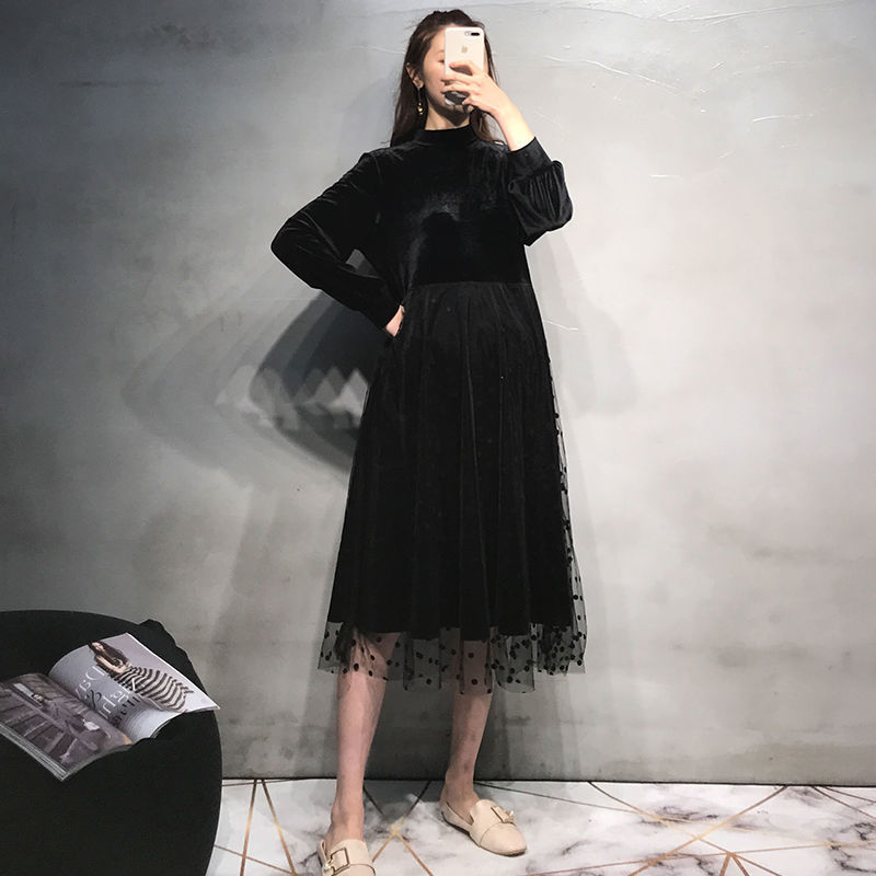 Abito per allattamento premaman invernale 2022 con fodera in velluto vestiti per allattamento a pois colletto con fiocco abito per allattamento al seno donna incinta: no zip nero / S