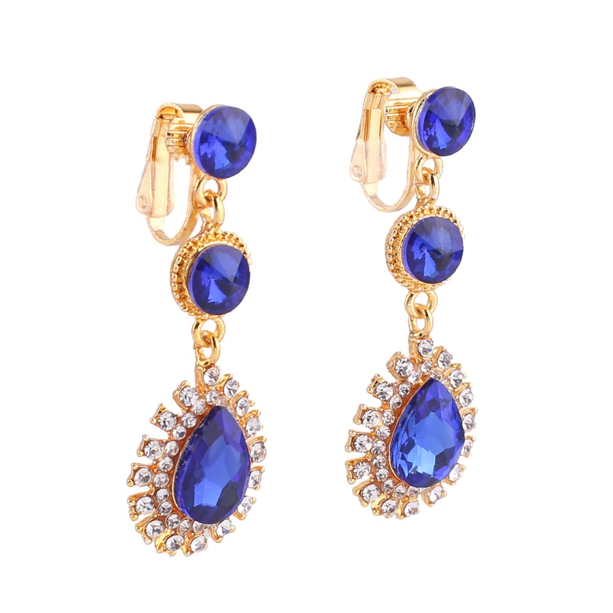 Wenhq 12 Kleuren Hoogwaardige Rhinestone Crystal Tear Shape Clip Op Oorbellen Geen Doorstoken Voor Vrouwen Bruiloft Geen gat Oor Clip: Gold Navy Blue