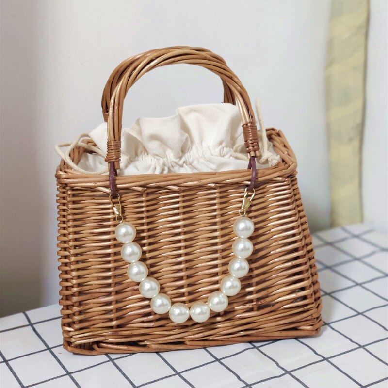 Bolso tejido de mimbre para mujer, organizador de escritorio de ratán, de boda, bolso femenino, cesta con decoración de cinta: Square pearl