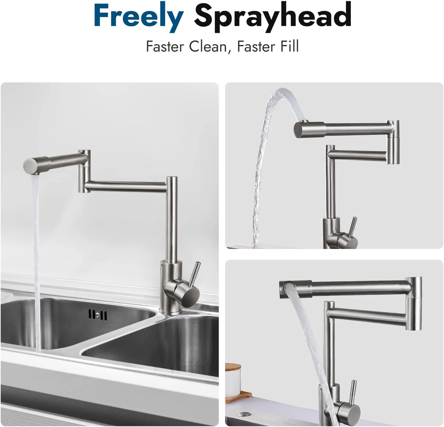 Grifo de llenado de ollas con montaje en cubierta, agua fría y , manija única, juntas dobles para encimera, 360 ° Kitc comercial retráctil giratorio