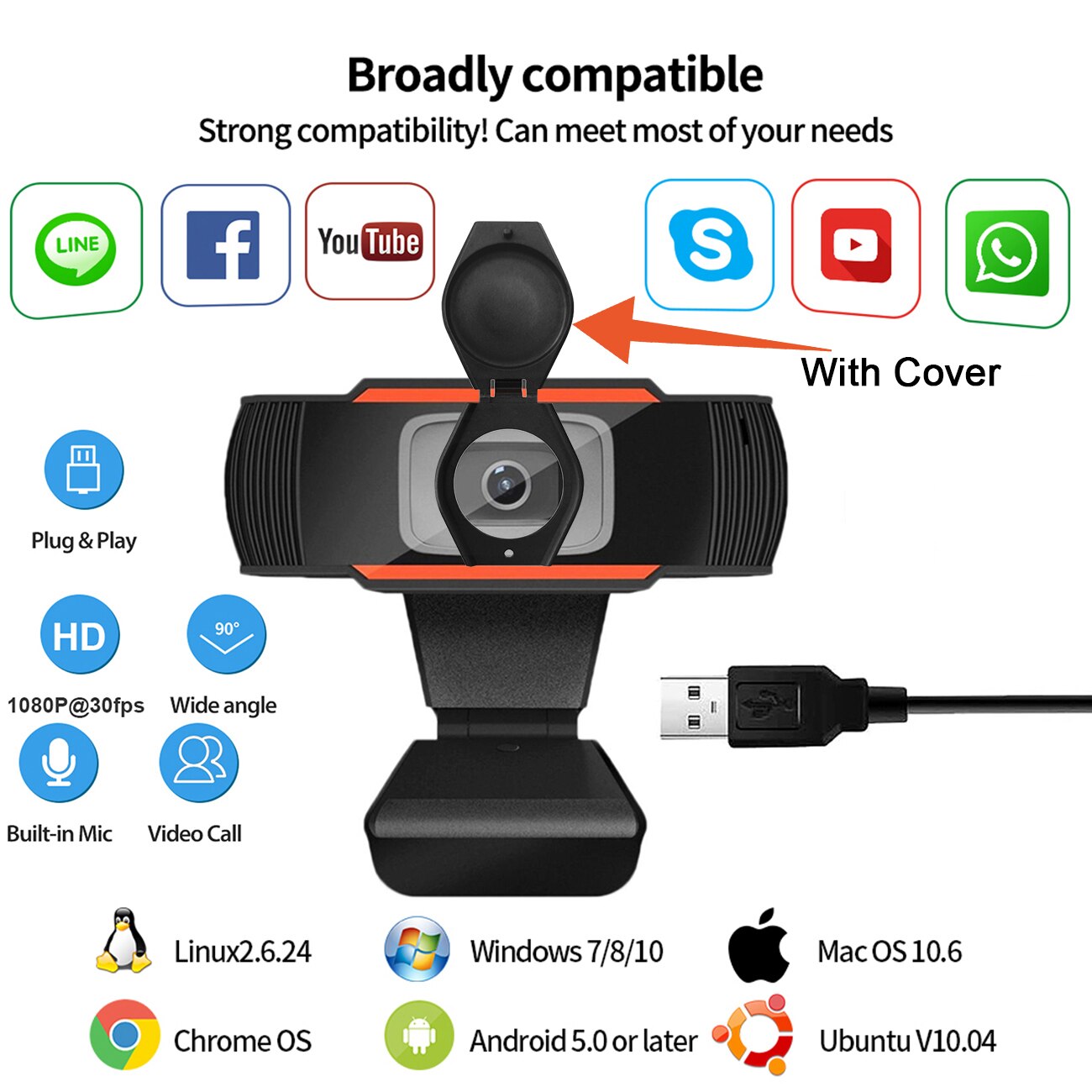 Webcam 1080P Full HD USB Webcam with Microphone USB Plug and Play Video Call For PC Computer Desktop Gamer Webcast: Black with Cover