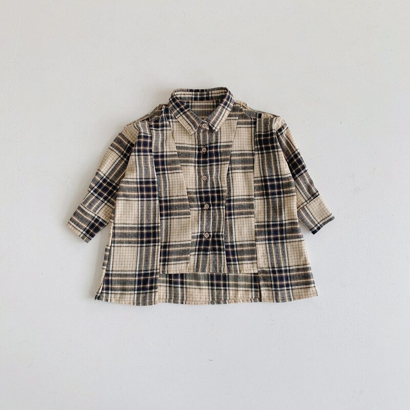 Spring Korean Style Baby Girls Plaid Long Shirts Loose casual Tops Off-shoulder Kids Clothes Children Blouses: 5T