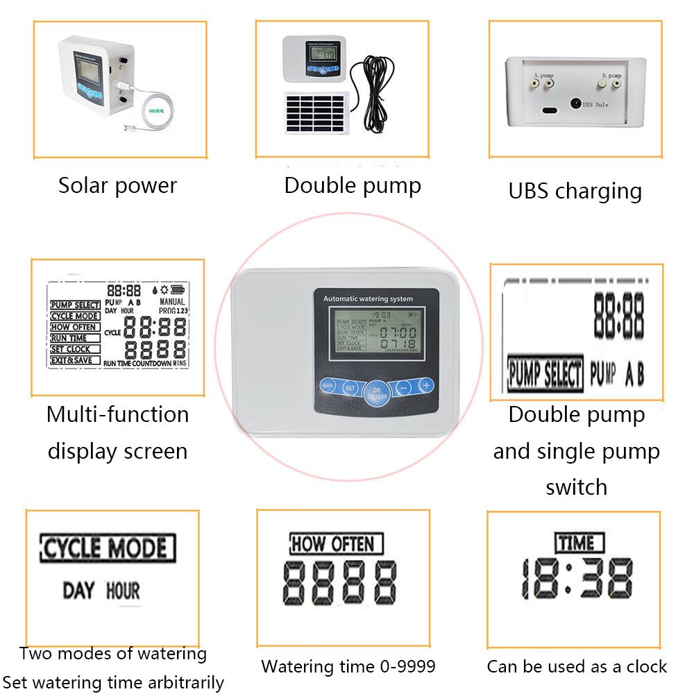 Solar Double Pump Watering Device Watering Timer Automatic Irrigation Water Timer Outdoor Garden Watering Timer Controller Tool