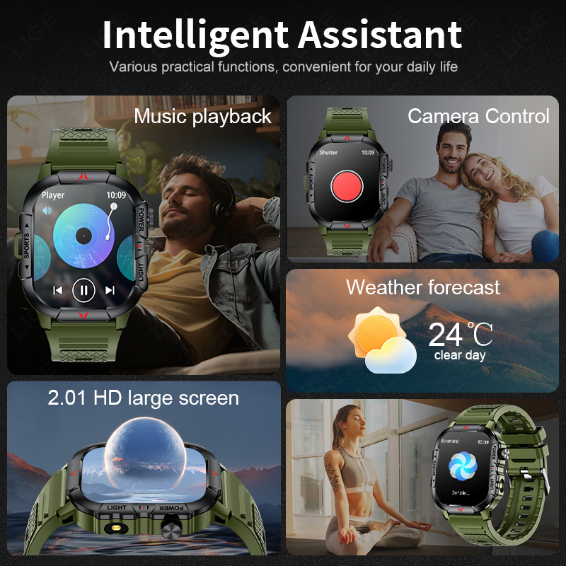 LIGE inteligentny zegarek latarka doprowadziło męskie zegarki wodoodporne 2.01-calowy ekran HD bransoletka zdrowotna wojskowy Smartwatch sportowy na świeżym powietrzu mężczyzna