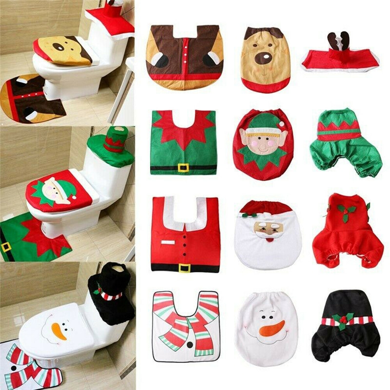 3 stk jul xmas boligindretning toilet toilet sæt santa snemand elf jul badesæt (toiletbetræk + tankdæksel + kontur tæppe)