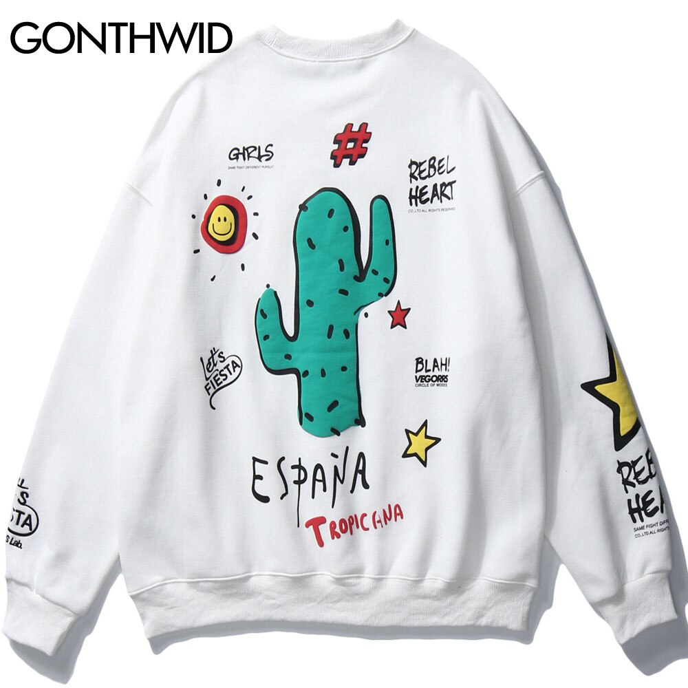 GONTHWID Graffiti Cactus Print Pullover Fleece Sweatshirts Hoodies Streetwear Casual Loose Hoodie Mens Winter Hip Hop Tops