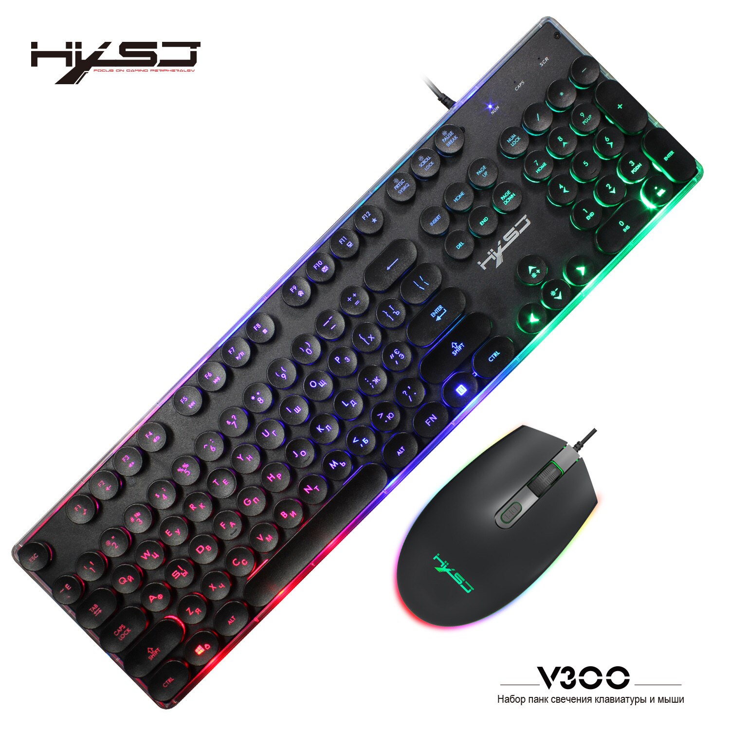 Russian Mouse and Keyboard HXSJ V300 Round Keycap Rainbow Suspension Backlit Gaming Keyboard+Mice Gamer Gaming Kit Home Office: Suit BK