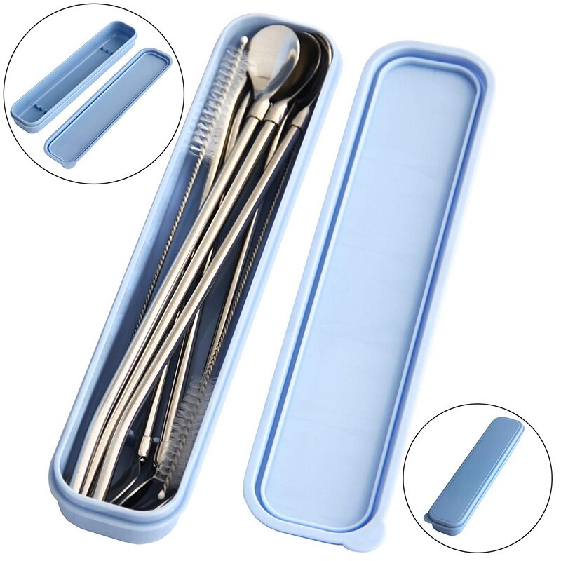 Reusable Spoon Drink Straws Value Pack 6Pcs with 2 Clean Brush - Metal Drinking Straw Spoon 7.5 Inch Long for 20Oz Tumblers