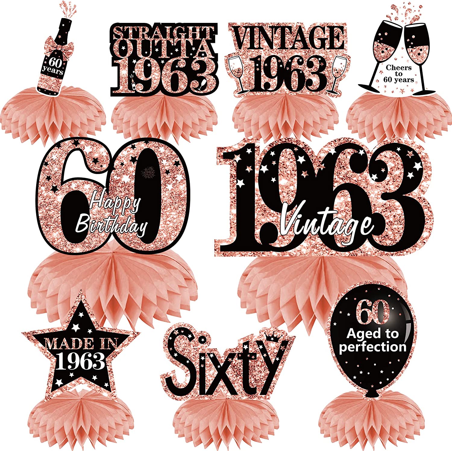 60e verjaardagsdecoratie voor vrouwen roségouden feestbanner Hangende Swirl verjaardagsborden Verjaardagsjerp voor vrouwen: MULTI