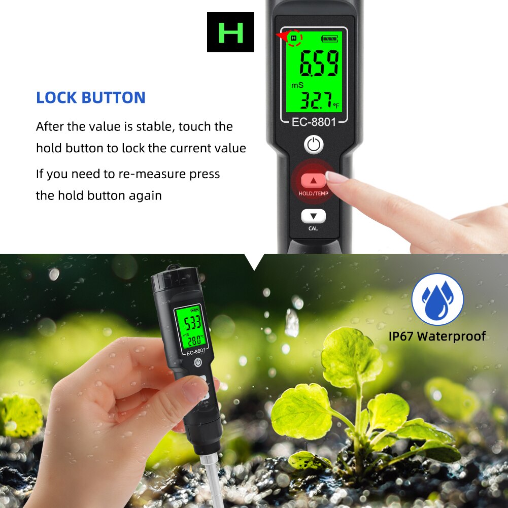 Soil EC Meter Temperature Tester Measurement Analysis Digital Backlit LCD Display Waterproof Instrument for Testing Planting