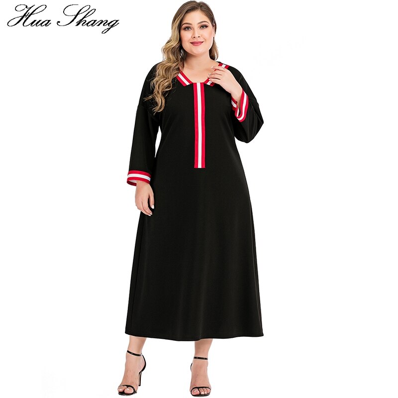 Plus size kvinder sommer afslappet kjole langærmet kvindelig patchwork v-hals solid sort maxi lange kjoler dame tunika kjole