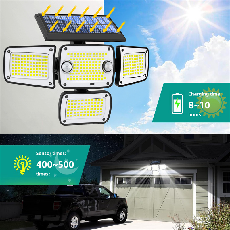 Solar buitenverlichting met 346/342 led's en 4 koppen, inclusief bewegingssensor, breedstralende beveiligingsschijnwerpers voor buiten, tuin, garage en parkeerplaats.