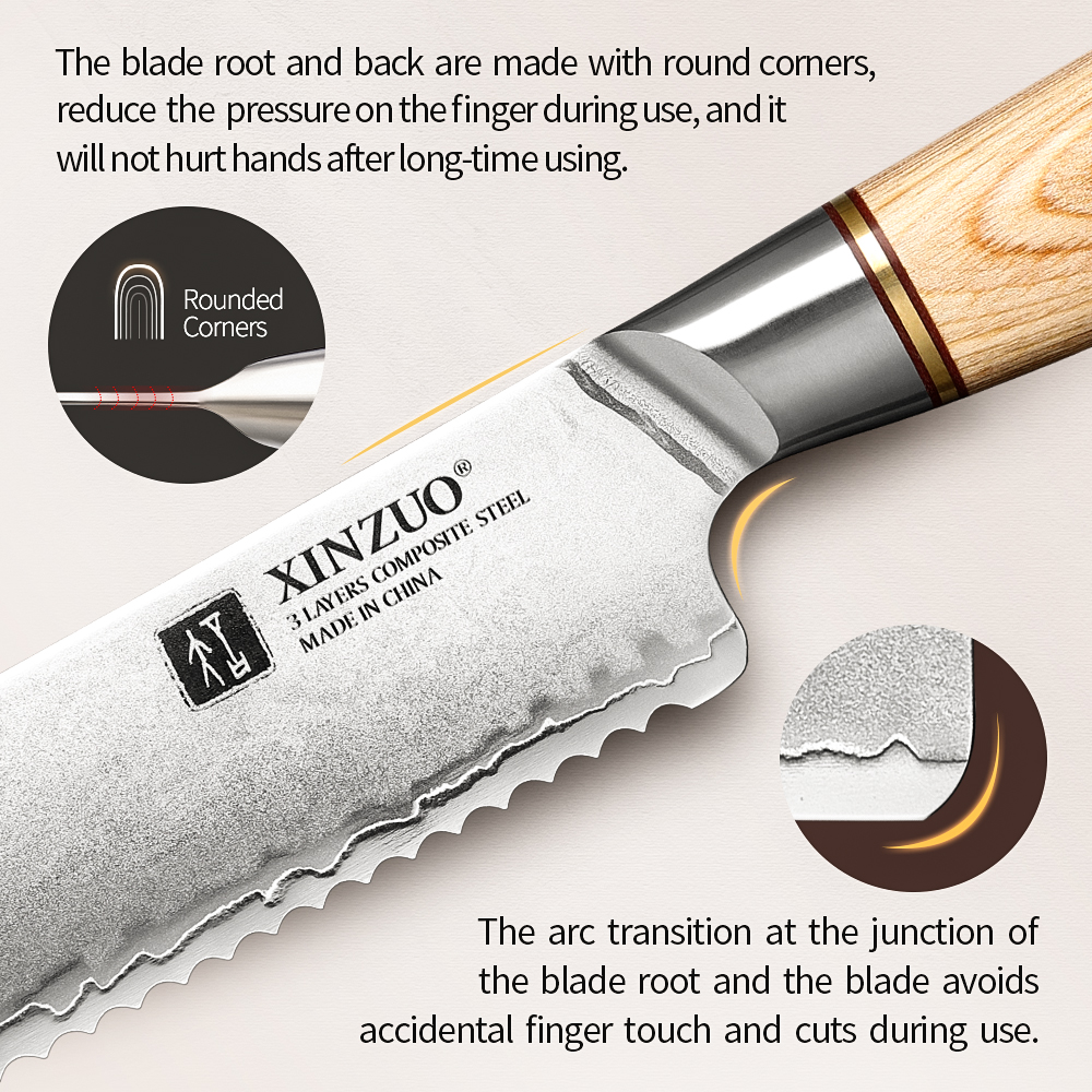 XINZUO 8.5" Bread Knife 60+2HRC Composite Steel With Japanese Pakkawood Handle Bread Knife Kitchen Accessories